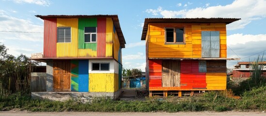 Poster - Vibrant architectural contrast of two uniquely designed homes showcasing colorful materials and textures in a sunny outdoor setting.