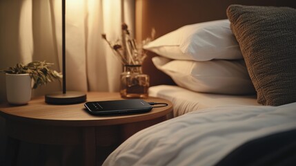 Poster - Cozy bedroom scene featuring a modern bedside table with a smartphone charging, minimalistic decor, soft lighting, and pillows in the background for a warm atmosphere