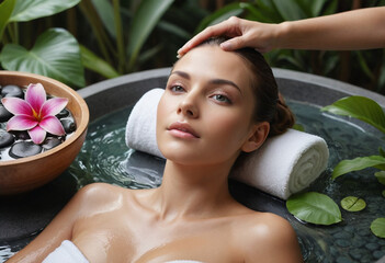 Beautiful woman enjoying spa treatment tropical setting relaxing and looking camera surrounded exotic plants wellness for skin care flower face lying down.