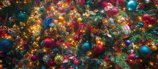 Poster - Colorful decorated Christmas tree background with shimmering ornaments and warm lights creating a festive holiday atmosphere