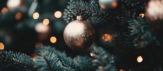Poster - Elegant Christmas tree background featuring shimmering ornaments and warm bokeh lights for festive seasonal design projects
