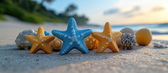 Poster - Colorful starfish and seashells on sandy beach at sunset emphasizing summer vibes with ample space for design elements in a horizontal layout.