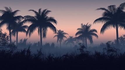Poster - A tropical forest with palm trees and a beautiful sunset in the background
