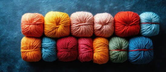Poster - Assorted colorful yarn balls arranged neatly showcasing vibrant hues for knitting and crochet projects in a creative setting.