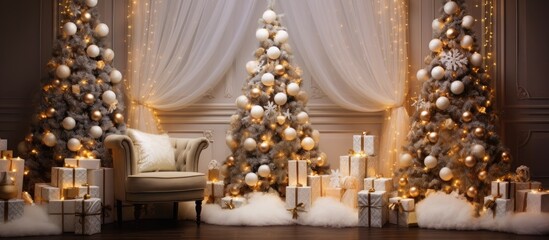 Poster - Elegant Christmas tree display with ornaments and lights in festive setting surrounded by gift boxes and a cozy chair