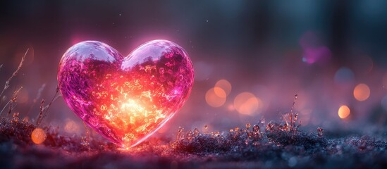 Poster - Bright pink neon heart glowing on a violet background with blurred effects and soft bokeh lights creating a romantic ambiance.