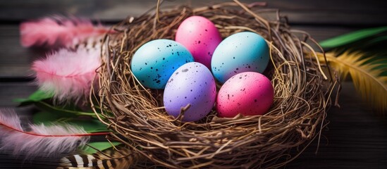 Easter eggs in a nest surrounded by vibrant feathers on a rustic wooden backdrop for a festive spring still life decoration