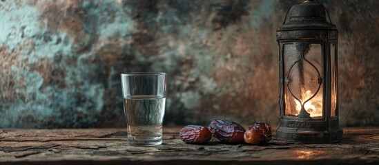 Poster - Dates and water glass beside a lantern on rustic wood surface with textured background and ample copyspace for design or text usage
