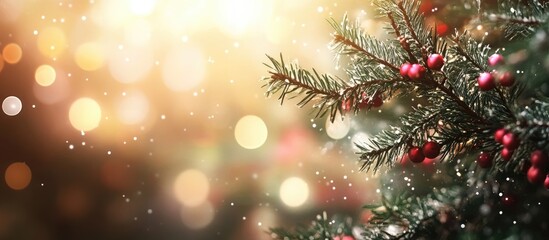 Poster - Bokeh holiday backdrop with blurred lights and pine tree branches creating a festive atmosphere for seasonal celebrations