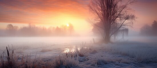 Poster - Serene sunrise scene with golden hues illuminating misty landscape and frosty field, capturing the tranquility of early morning nature.