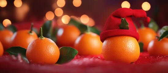 Poster - festive christmas backdrop with tangerines adorned with a red hat against a blurred bokeh background
