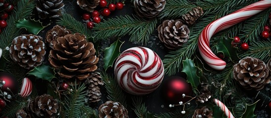 Poster - Festive Christmas decoration backdrop with pine leaves pine cones and candy cane macro close-up bokeh for holiday celebrations and copy space