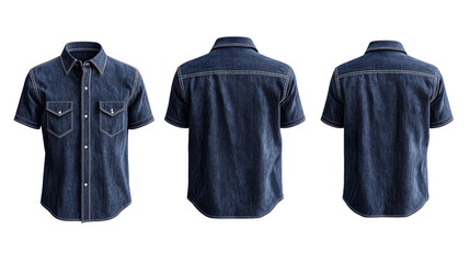 Fototapete - A denim shirt featuring a classic design with short sleeves, front pockets, and a button-down closure.