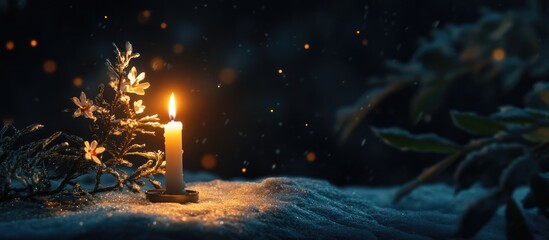 Poster - Candlelight illuminating a Christmas tree blossom amidst softly falling snow on a dark background creating a warm festive atmosphere