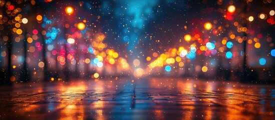 Poster - Vibrant blurred background of festival lights creating a festive atmosphere with colorful bokeh effects on a rainy night street