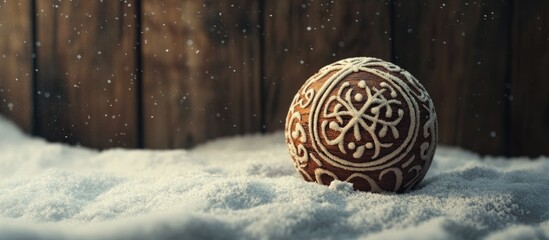 Poster - Decorative Christmas ball on snow with wooden background creating a festive New Year atmosphere ideal for holiday greetings and cards