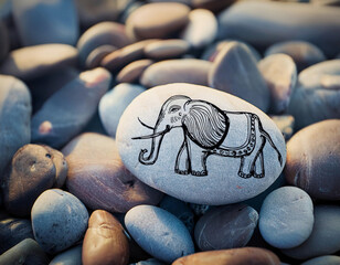 Wall Mural - A white stone painted with a decorative elephant design sits atop a collection of smooth beach pebbles.