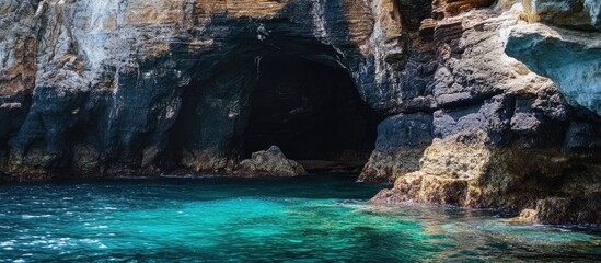 Poster - Serene coastal landscape featuring sea caves and a ravine with crystal clear waters and rocky cliffs in natural sunlight