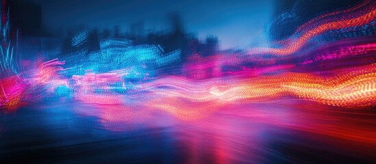 Poster - vibrant motion blur of city lights creating a dynamic nightscape with colorful streaks in blue and p