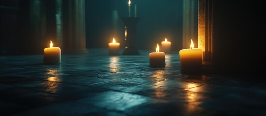 Poster - Candlelight casting shadows on a dark stone floor creating a mysterious and atmospheric ambiance in a dimly lit setting