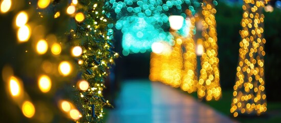 Poster - luminous bokeh lights in vibrant hues creating an enchanting atmosphere on a blurred green pathway