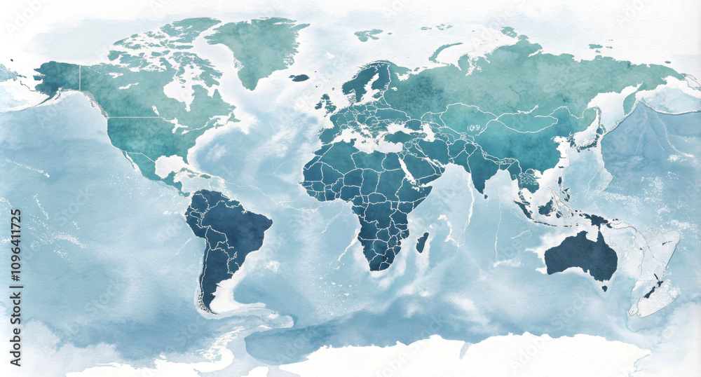 Watercolor Minimalist World Map Showing Continents and Oceans Stock ...