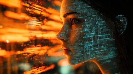 Poster - Digital artwork showing a woman's face with futuristic cybernetic features and red eyes, on a blue background.