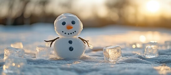 Poster - Snowman surrounded by ice cubes with vibrant bokeh background capturing a serene winter scene and magical sunset glow.