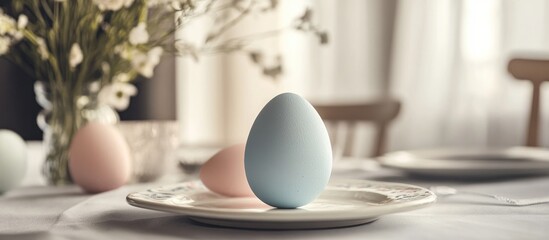 Aufkleber - Pastel colored Easter egg elegantly displayed on a festive table setting with soft floral background for holiday celebrations