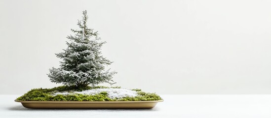 Poster - Snowy pine tree on lush green moss in an elegant gold tray showcased against a minimalist white background