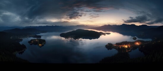 Aufkleber - Panoramic aerial view of serene twilight lake with islands and reflections in calm water surrounded by mountains and moody skies