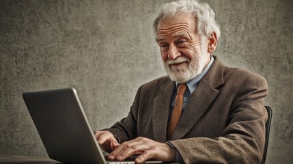 Poster - An older man is sitting at a desk with a laptop in front of him
