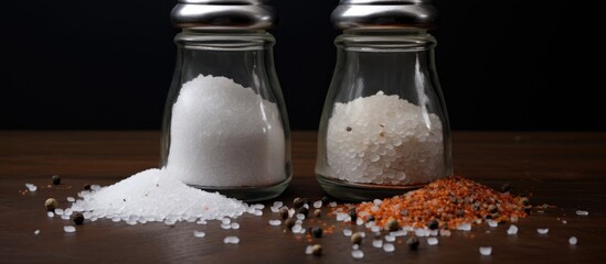 Poster - Glass jars of salt and pepper flakes on a wooden table with scattered grains creating a rustic culinary background for food photography.