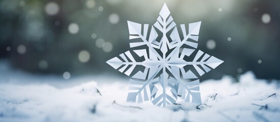 Aufkleber - Delicate paper snowflake on snowy ground with a soft blurred winter background creating a serene and festive atmosphere.