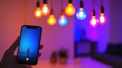 Poster - A Unique Perspective of a Minimalist Scene Captured on a Smartphone with Colorful Bulbs in the Background Evoking Creativity and Artistic Expression