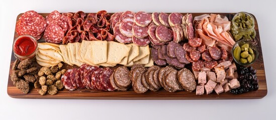 Poster - Artfully arranged charcuterie platter featuring a variety of meats, cheeses, and snacks displayed on a wooden board from an overhead view.