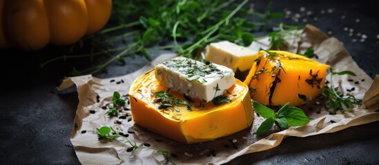 Aufkleber - Roasted pumpkin with salted cheese and fresh herbs on vintage napkins against a stone backdrop showcasing a nutritious vegetarian snack.