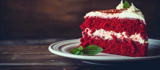 Aufkleber - Delicious red velvet cake slice with cream cheese filling garnished with mint on a rustic wooden table background