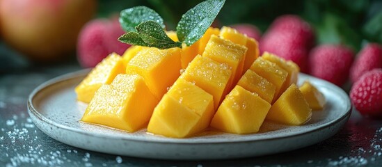Aufkleber - Freshly cut organic mangoes beautifully arranged on a white plate garnished with mint leaves and surrounded by ripe raspberries.