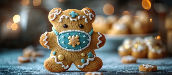 Poster - Gingerbread cookie in protective mask with festive decorations on pastel background symbolizing pandemic celebration and creativity in baking.