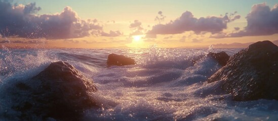 Poster - Serene ocean landscape showcasing waves crashing against rugged rocks during a vibrant sunset with colorful clouds in the background