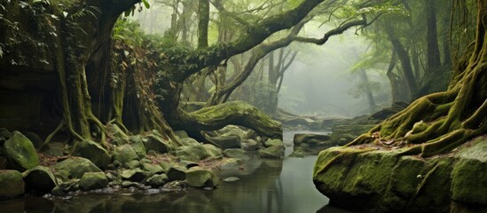 Aufkleber - Serene forest landscape with lush greenery and misty river in a natural regional park showcasing the beauty of untouched wilderness