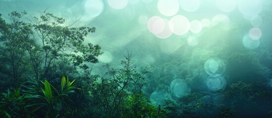 Poster - morning mist enveloping a serene mountain landscape with a blurred bokeh effect showcasing the beaut