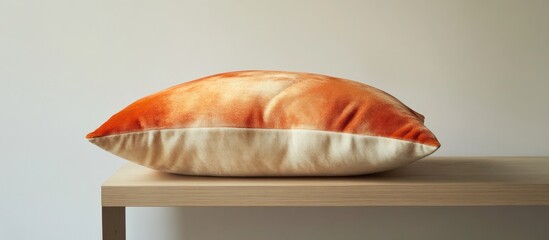Poster - Elegant orange cushion on a wooden shelf showcasing modern interior design and comfort aesthetics in a minimalist home setting.