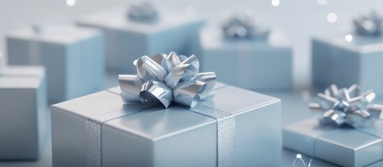 Poster - Elegant pastel blue gift boxes adorned with silver ribbons and bows creating a sophisticated festive atmosphere for special occasions