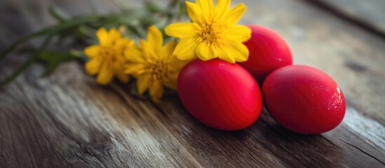 Aufkleber - Red Easter eggs displayed on rustic wooden surface with vibrant yellow flowers creating a festive and cheerful spring ambiance