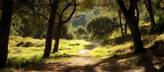 Leinwandbilder - Lush Green Forest Pathway Tranquil Nature Scene in Montes de Malaga Natural Park Ideal for Outdoor and Eco Tourism Themes