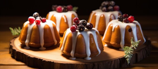 Aufkleber - Rustic bundt cakes with sugar glaze and currants on a wood slice illuminated by warm lights creating a cozy festive atmosphere