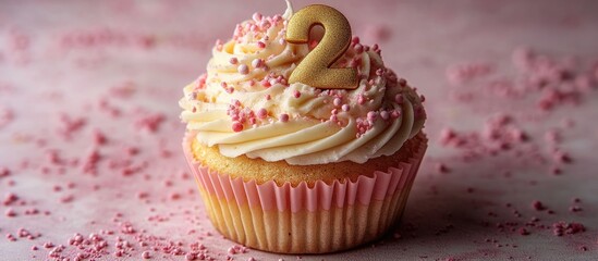 Poster - Gold number 2 candle atop a decorative cupcake with pink frosting and sprinkles on a soft pastel pink background.