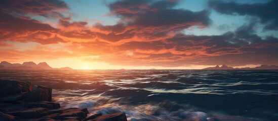 Aufkleber - Serene sunset over the ocean with vibrant clouds reflecting warm colors in the sky and gentle waves lapping against the shoreline.